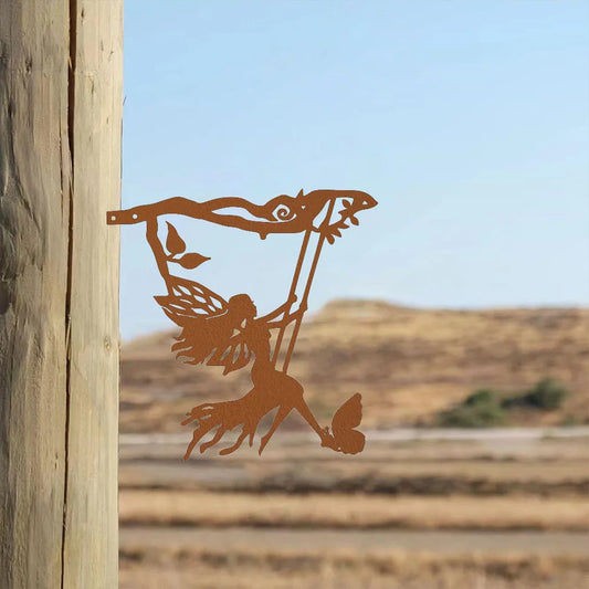 1pc Swing Elf On Branch Steel Silhouette - Transform your outdoor space into a magical place with this enchanting metal wall art